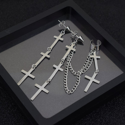 Asymmetric Cross Earring & Ear Bone Chain Set – Hidden Picks Online