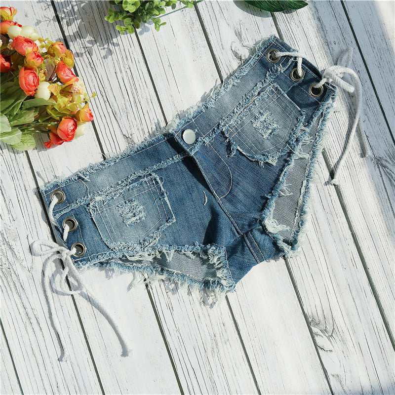 Sexy side slit corns lace-up Denim shorts nightclub pole dance hot pants old color washed women's pants