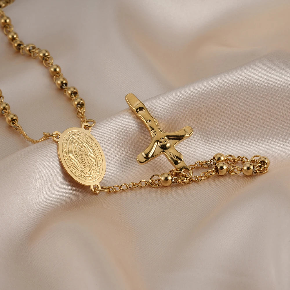 FINE4U Stainless Steel Rosary Necklace – Jesus Crucifix Cross & Guadalupe Medal