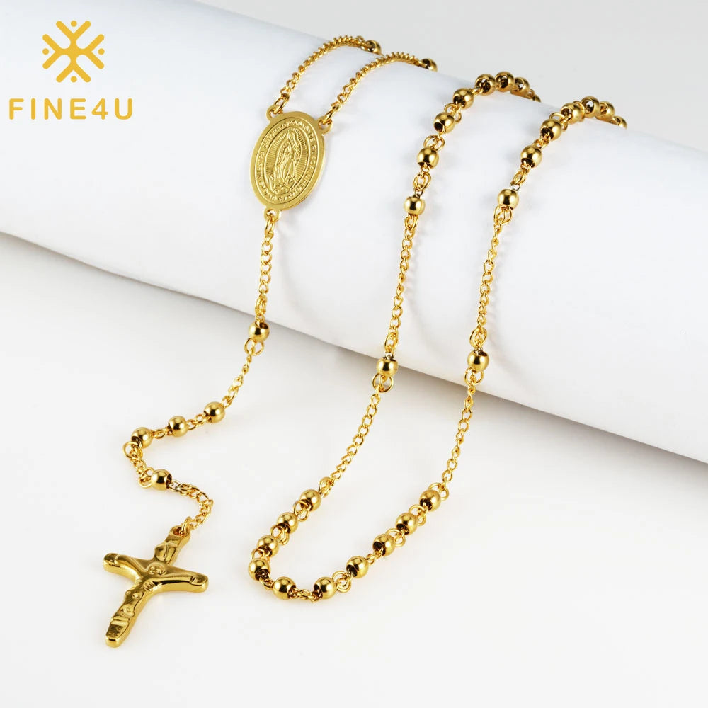 FINE4U Stainless Steel Rosary Necklace – Jesus Crucifix Cross & Guadalupe Medal