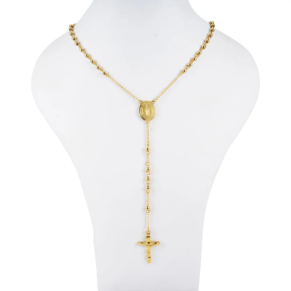 FINE4U Stainless Steel Rosary Necklace – Jesus Crucifix Cross & Guadalupe Medal
