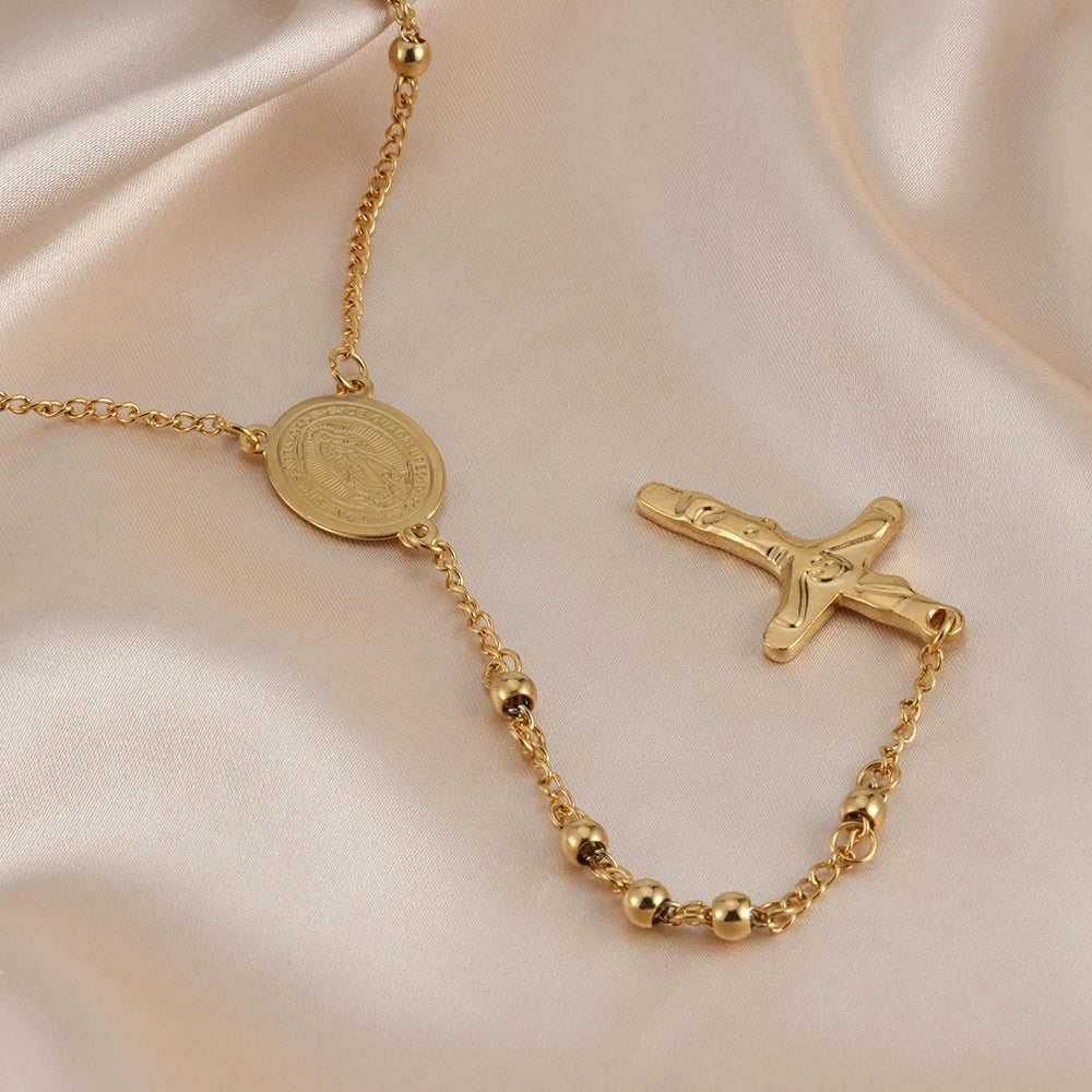FINE4U Stainless Steel Rosary Necklace – Jesus Crucifix Cross & Guadalupe Medal