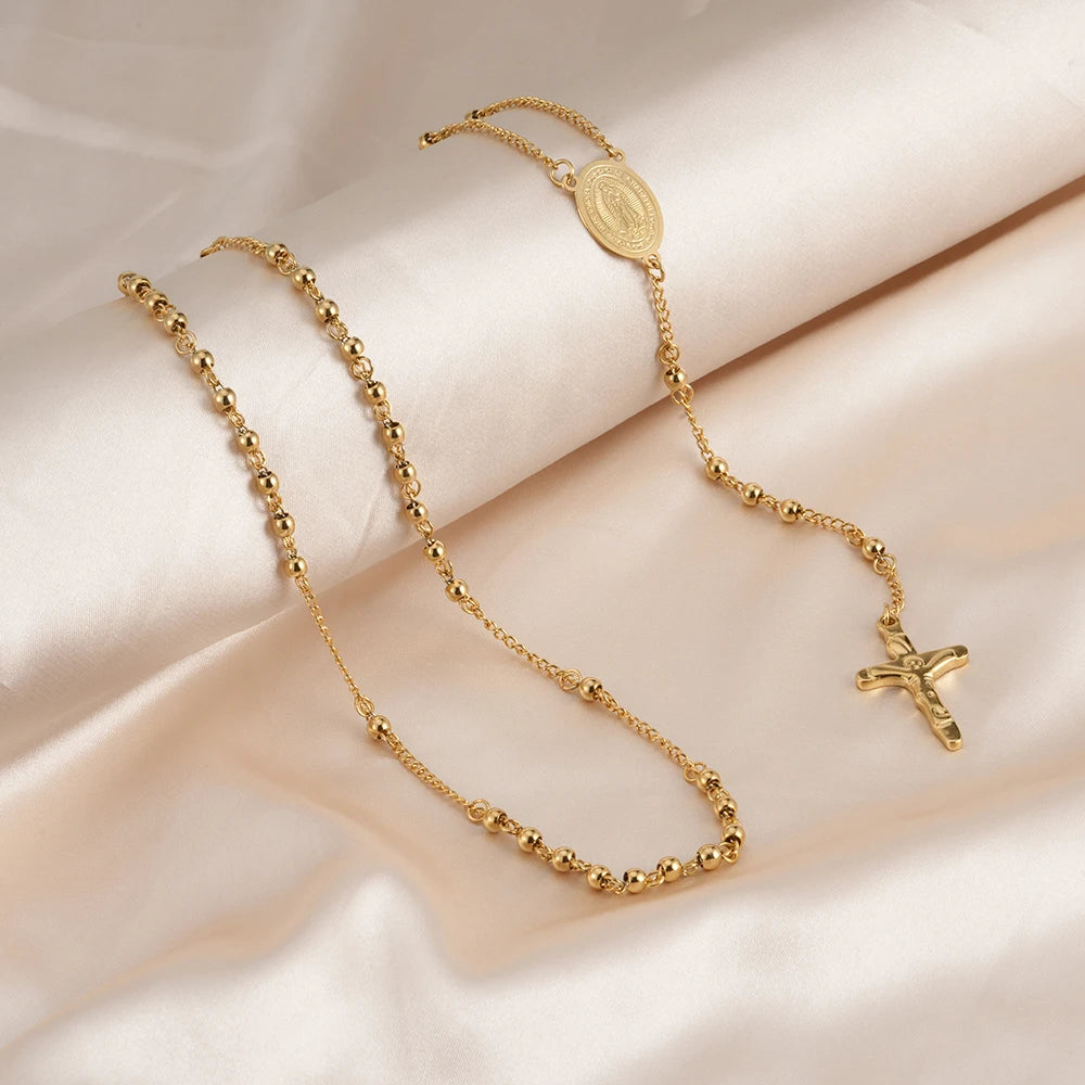 FINE4U Stainless Steel Rosary Necklace – Jesus Crucifix Cross & Guadalupe Medal