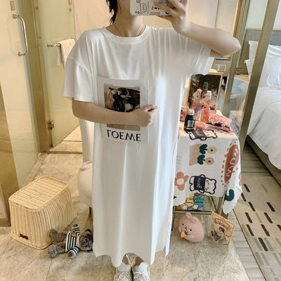 Spring and Summer Short-Sleeved Korean Internet Celebrity Lazy Maxi Skirt Elegant Dress Loose Large Size Women's Long T-Shirt Home Wear