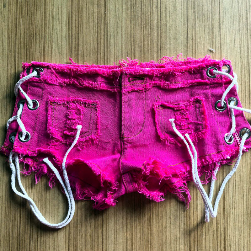 Sexy side slit corns lace-up Denim shorts nightclub pole dance hot pants old color washed women's pants