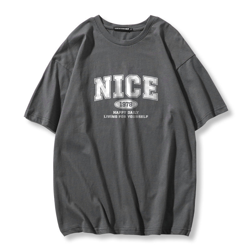 Trendy Autumn Men's Short-Sleeve T-Shirt, Pure Cotton, Round Neck, Plus Size, Loose Fit, Navy Blue