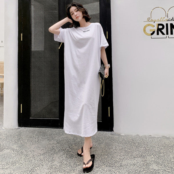Spring and Summer Short-Sleeved Korean Internet Celebrity Lazy Maxi Skirt Elegant Dress Loose Large Size Women's Long T-Shirt Home Wear