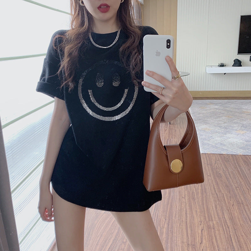 Smiley Face Print Loose Short-Sleeved T-Shirt for Women Spring and Summer New Casual Bottoming Shirt Women's Round Neck Top Dropshipping