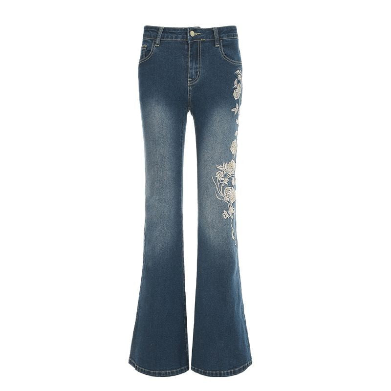 Rose-Embroidered Gradient Low-Rise Jeans – Hidden Picks Online