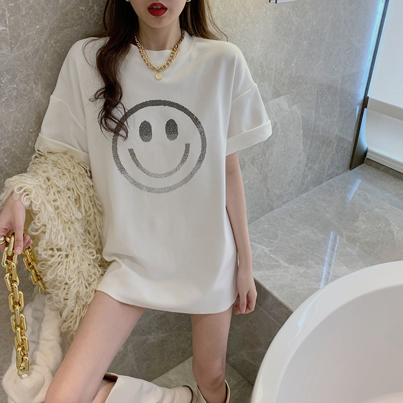 Smiley Face Print Loose Short-Sleeved T-Shirt for Women Spring and Summer New Casual Bottoming Shirt Women's Round Neck Top Dropshipping