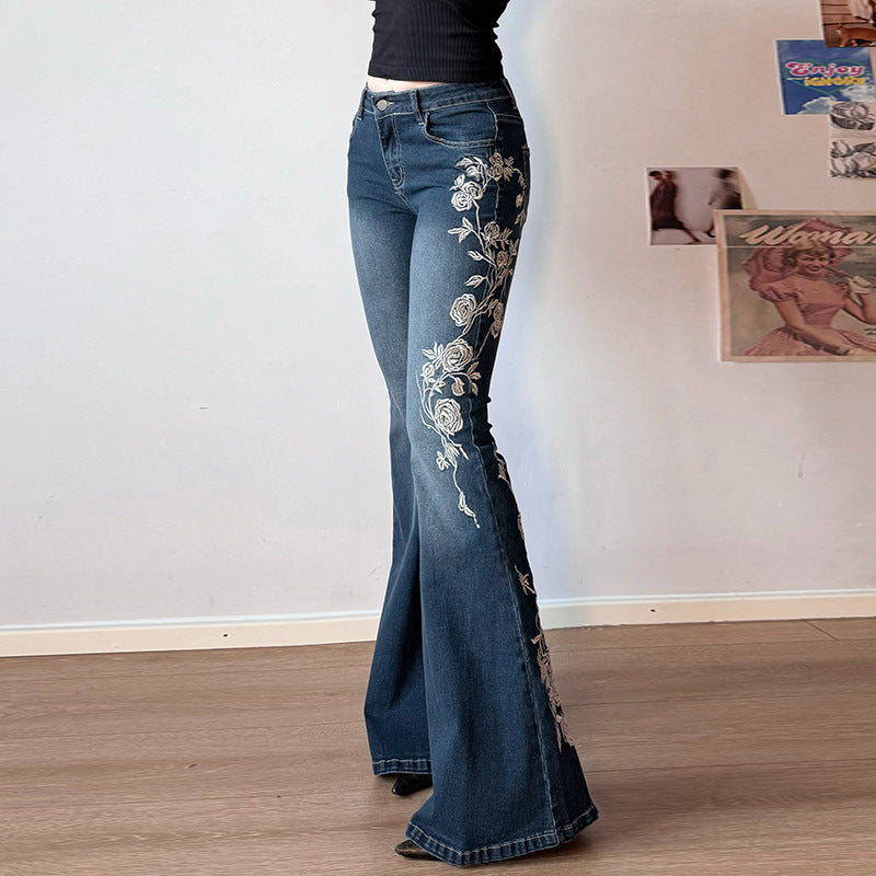 Rose-Embroidered Gradient Low-Rise Jeans – Hidden Picks Online