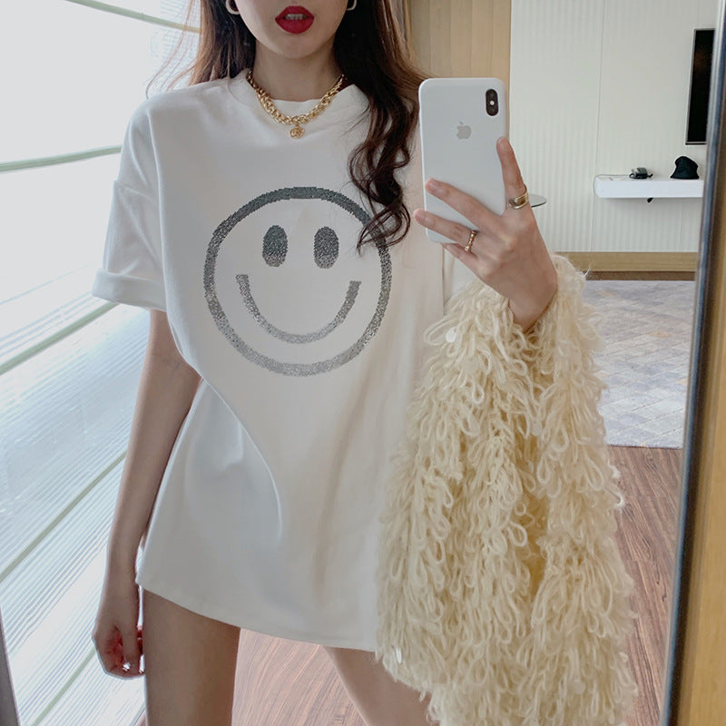 Smiley Face Print Loose Short-Sleeved T-Shirt for Women Spring and Summer New Casual Bottoming Shirt Women's Round Neck Top Dropshipping