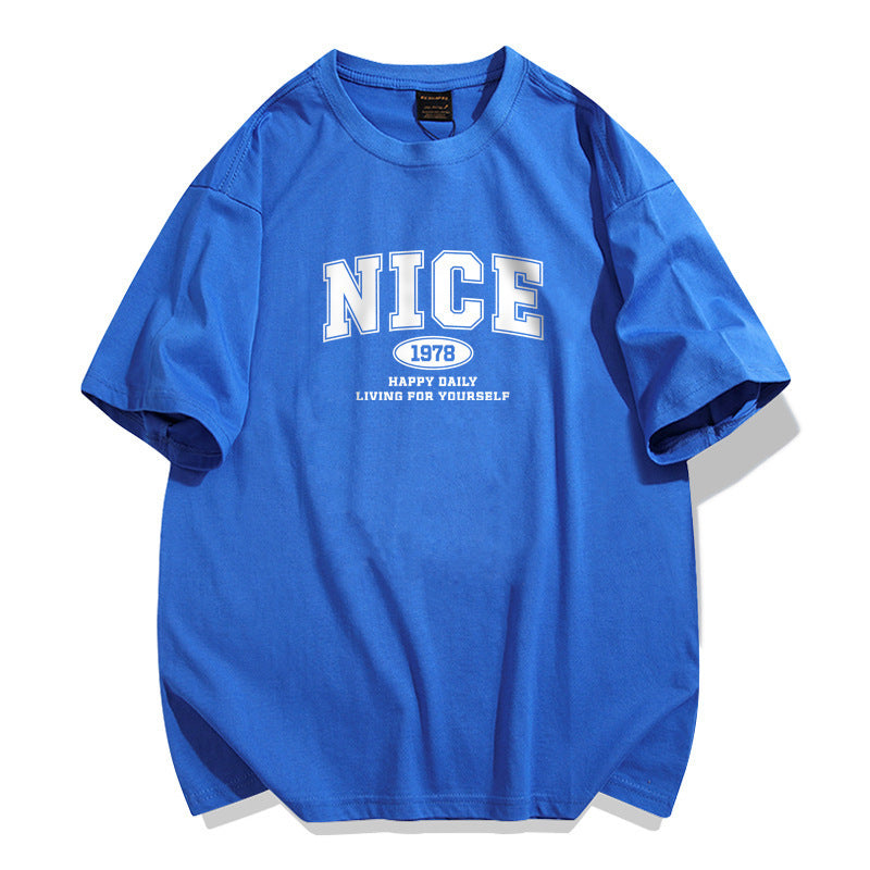 Trendy Autumn Men's Short-Sleeve T-Shirt, Pure Cotton, Round Neck, Plus Size, Loose Fit, Navy Blue