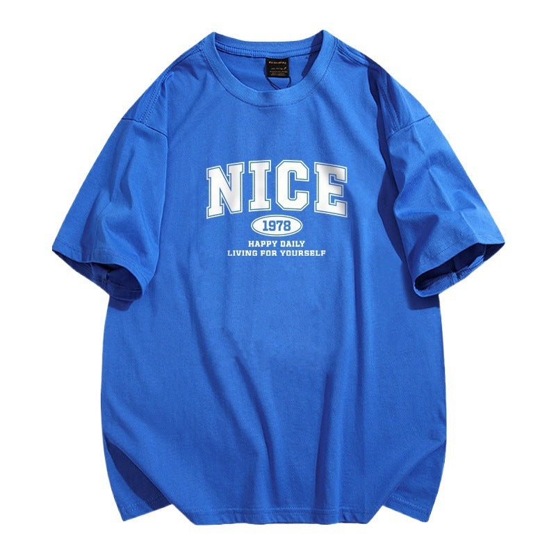 Trendy Autumn Men's Short-Sleeve T-Shirt, Pure Cotton, Round Neck, Plus Size, Loose Fit, Navy Blue