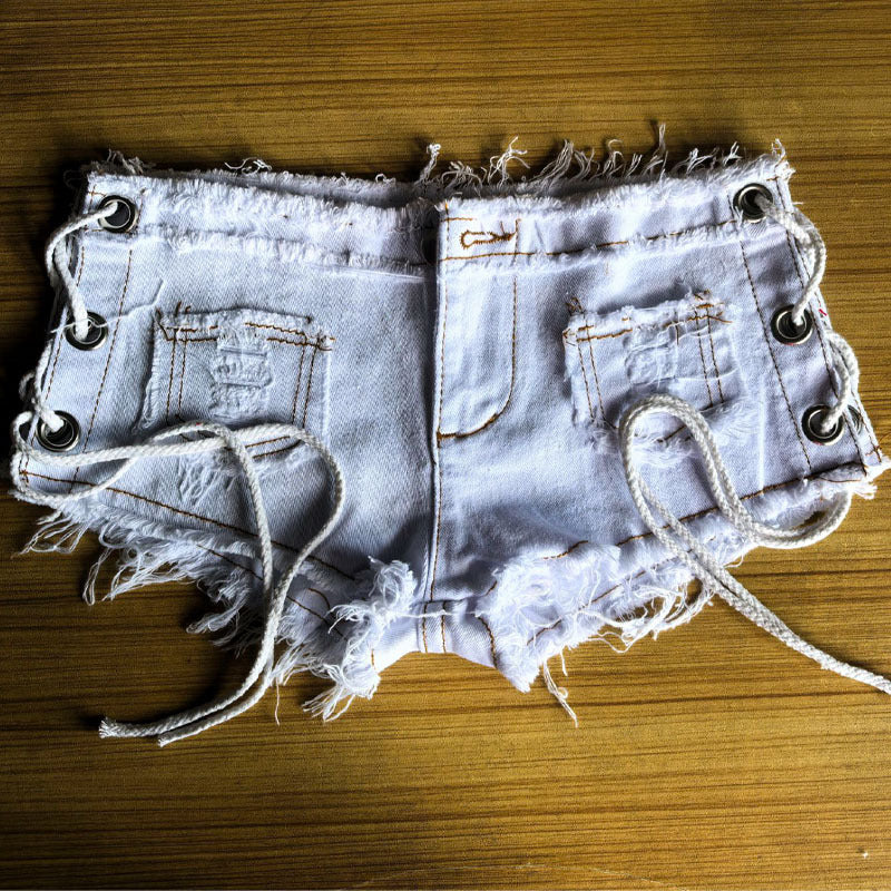 Sexy side slit corns lace-up Denim shorts nightclub pole dance hot pants old color washed women's pants