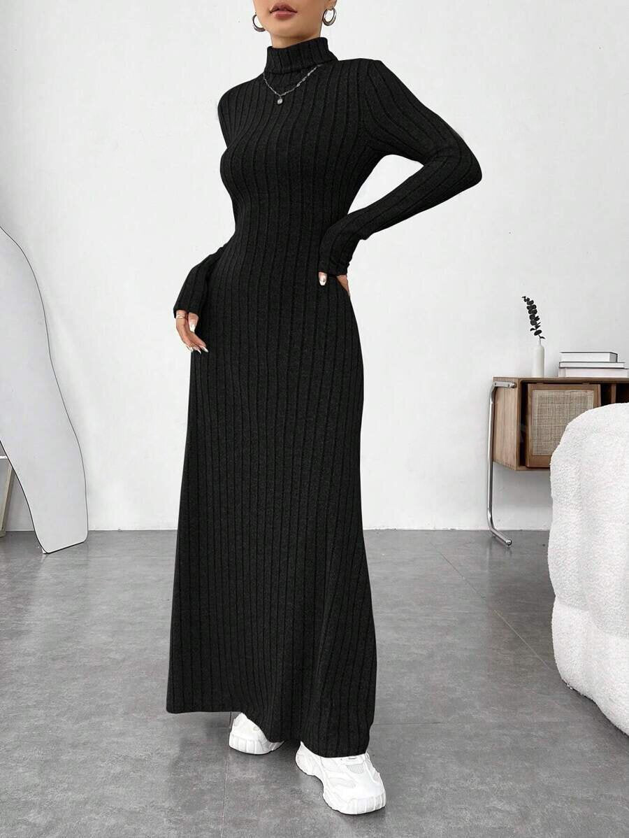 Slim-Fit High-Neck Ribbed Maxi Dress – Hidden Picks Online