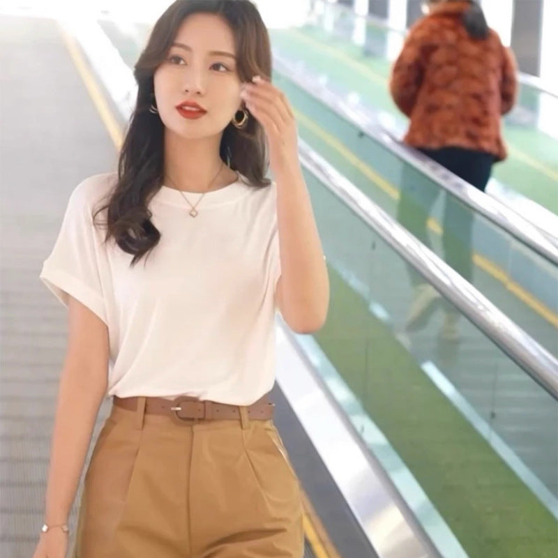 Tiktok batwing sleeve t-shirt women's round neck summer solid color simple small flying sleeve casual all-match loose short sleeve t-shirt women