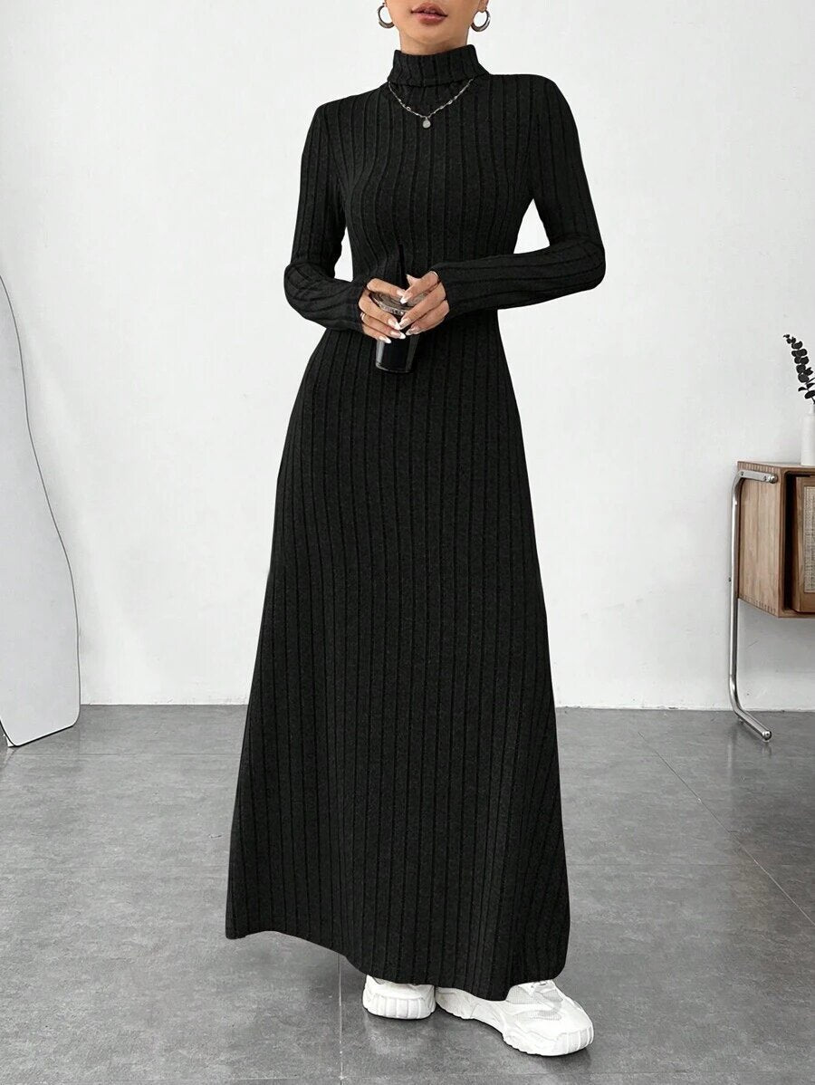 Slim-Fit High-Neck Ribbed Maxi Dress – Hidden Picks Online