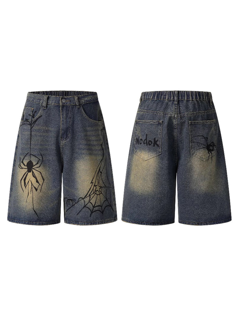 Hand-Painted Spider Distressed Denim Shorts – Hidden Picks Online