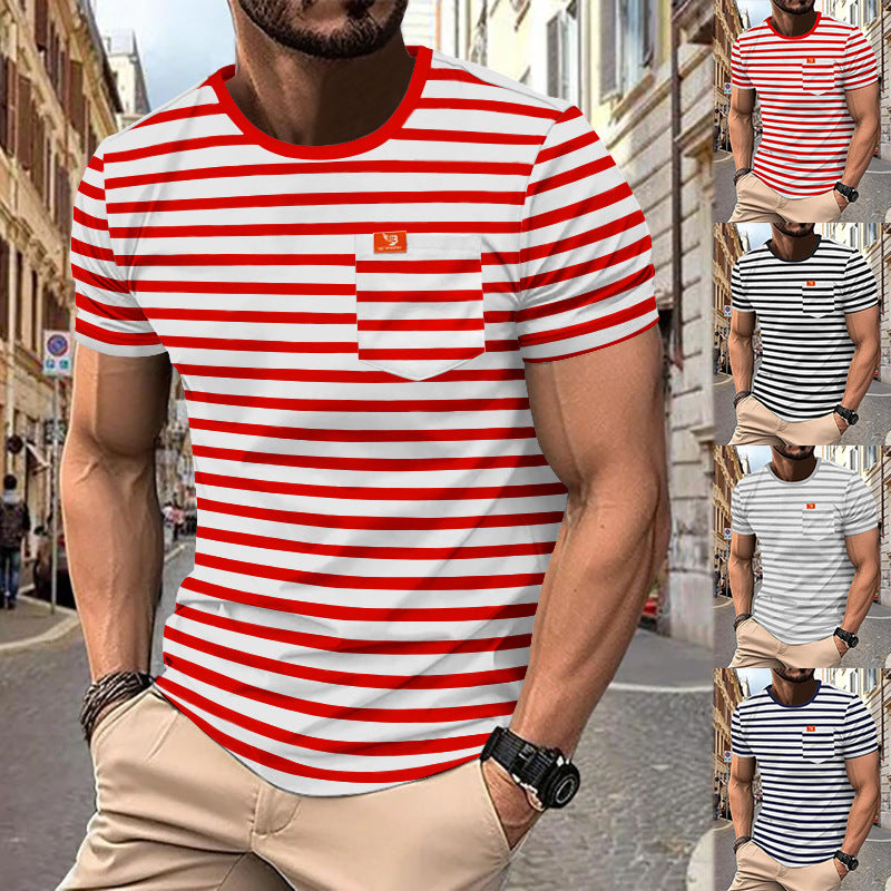 2024 cross-border men's clothing plus size new summer men's fashion casual striped short-sleeved shirt men's round neck T-shirt now