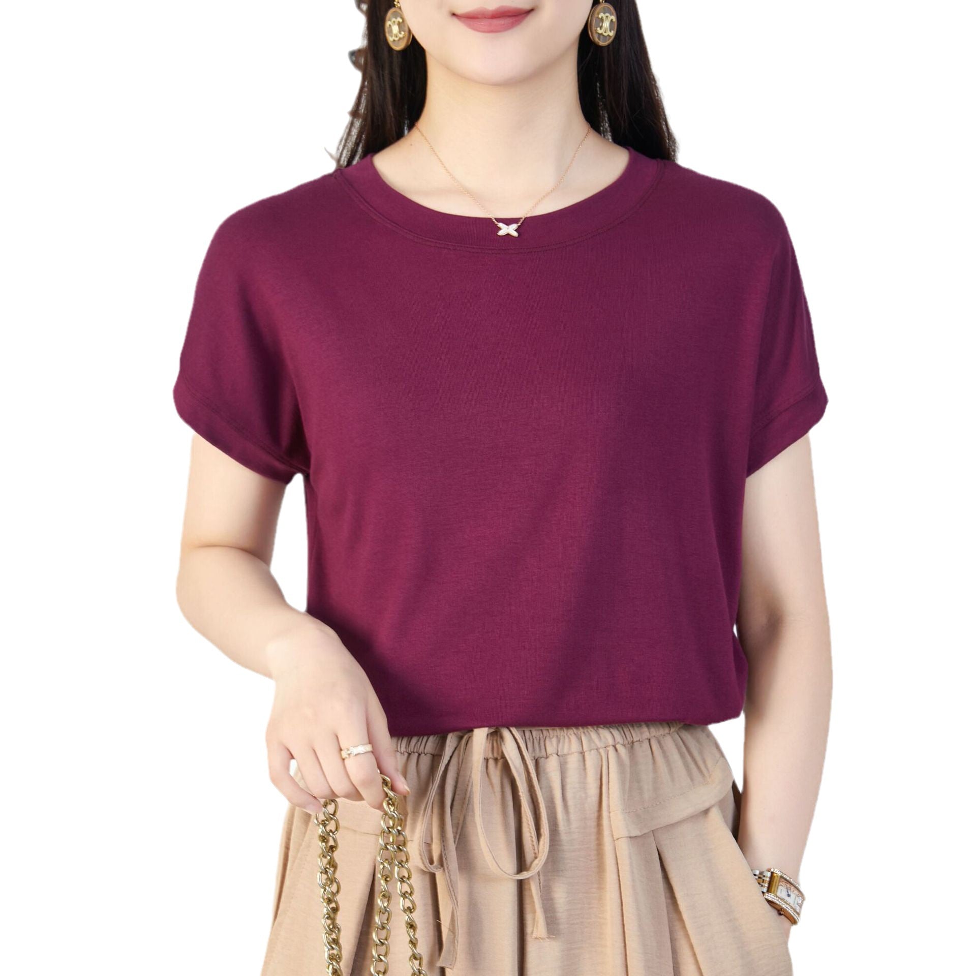 Tiktok batwing sleeve t-shirt women's round neck summer solid color simple small flying sleeve casual all-match loose short sleeve t-shirt women