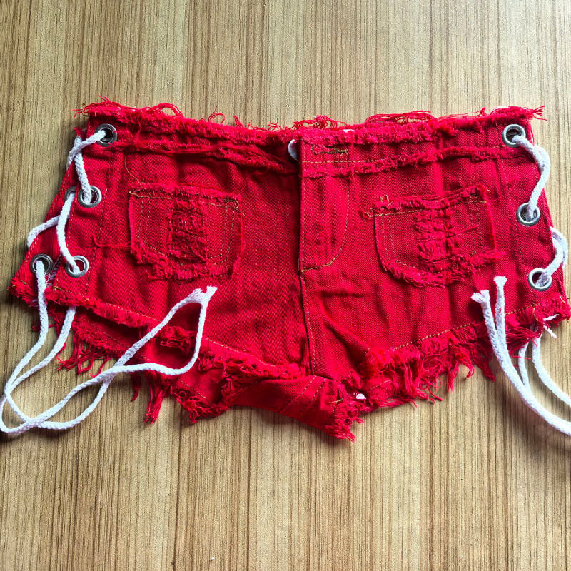 Sexy side slit corns lace-up Denim shorts nightclub pole dance hot pants old color washed women's pants