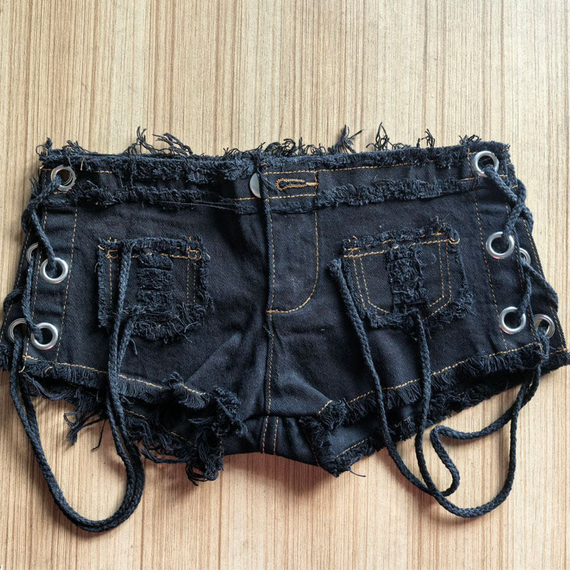 Sexy side slit corns lace-up Denim shorts nightclub pole dance hot pants old color washed women's pants