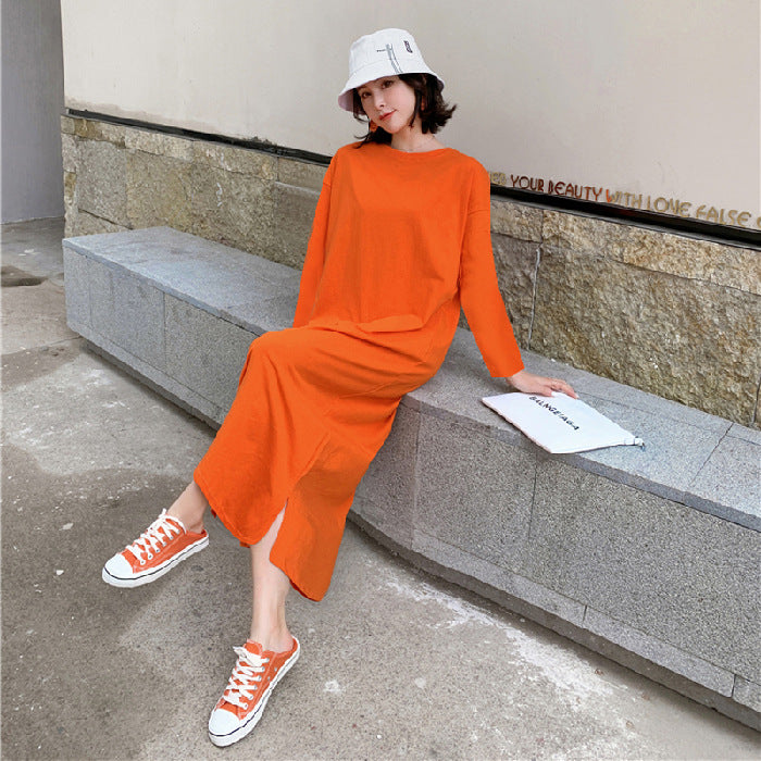 Spring and Summer Short-Sleeved Korean Internet Celebrity Lazy Maxi Skirt Elegant Dress Loose Large Size Women's Long T-Shirt Home Wear