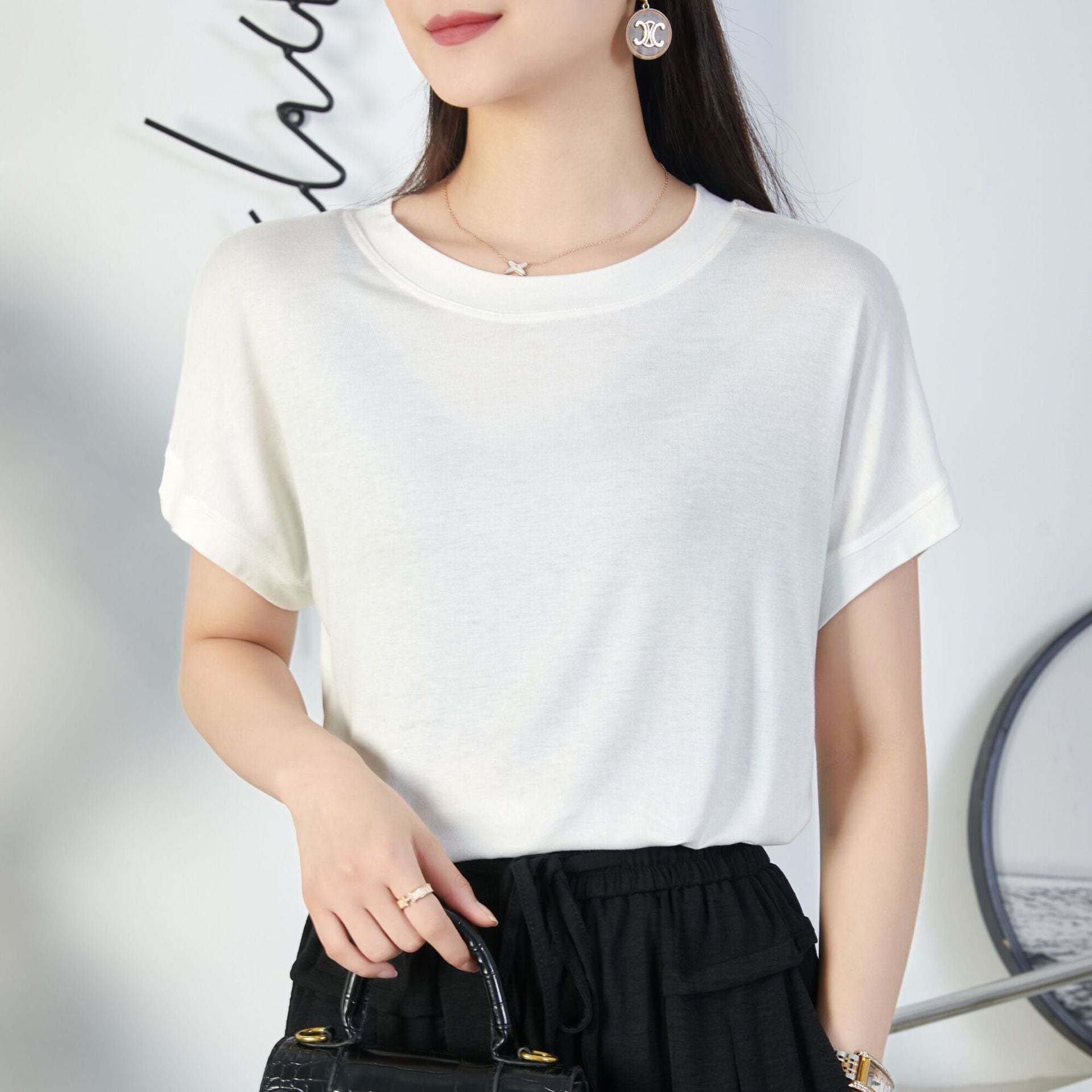 Tiktok batwing sleeve t-shirt women's round neck summer solid color simple small flying sleeve casual all-match loose short sleeve t-shirt women