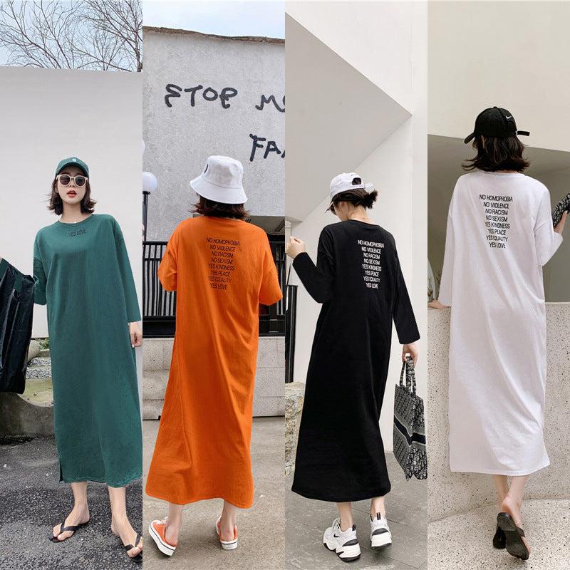 Spring and Summer Short-Sleeved Korean Internet Celebrity Lazy Maxi Skirt Elegant Dress Loose Large Size Women's Long T-Shirt Home Wear