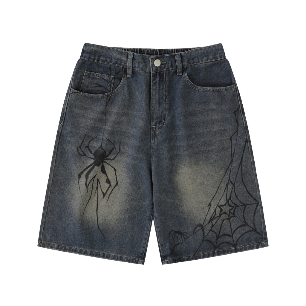 Hand-Painted Spider Distressed Denim Shorts – Hidden Picks Online