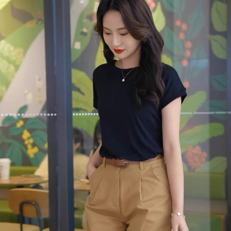 Tiktok batwing sleeve t-shirt women's round neck summer solid color simple small flying sleeve casual all-match loose short sleeve t-shirt women