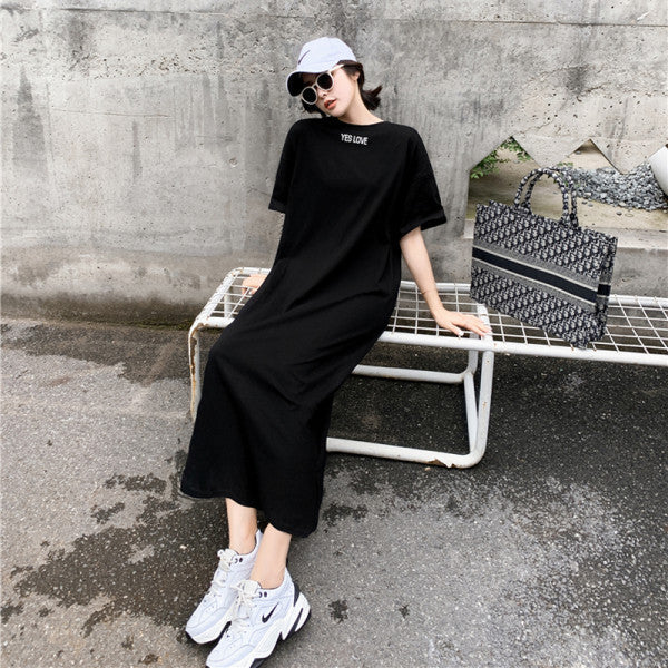 Spring and Summer Short-Sleeved Korean Internet Celebrity Lazy Maxi Skirt Elegant Dress Loose Large Size Women's Long T-Shirt Home Wear
