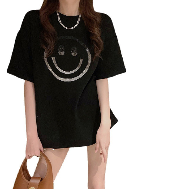 Smiley Face Print Loose Short-Sleeved T-Shirt for Women Spring and Summer New Casual Bottoming Shirt Women's Round Neck Top Dropshipping
