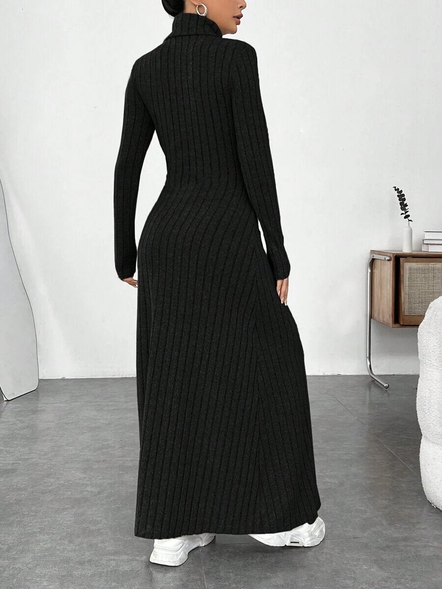 Slim-Fit High-Neck Ribbed Maxi Dress – Hidden Picks Online