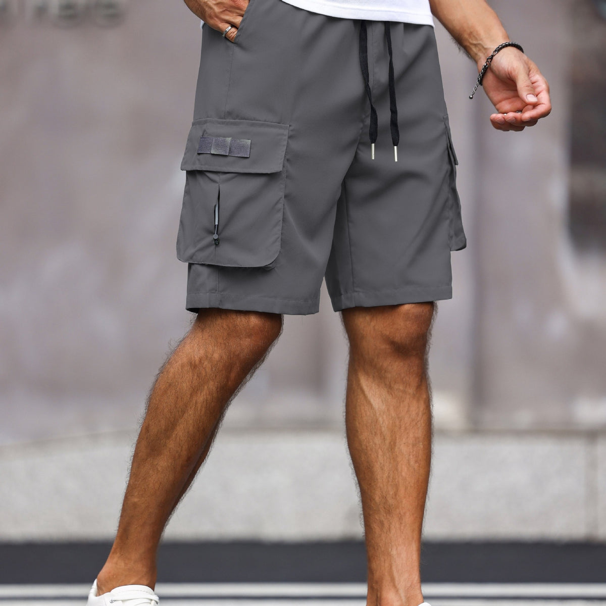 [Polyester Drawstring Shorts] Polyester Solid Color
