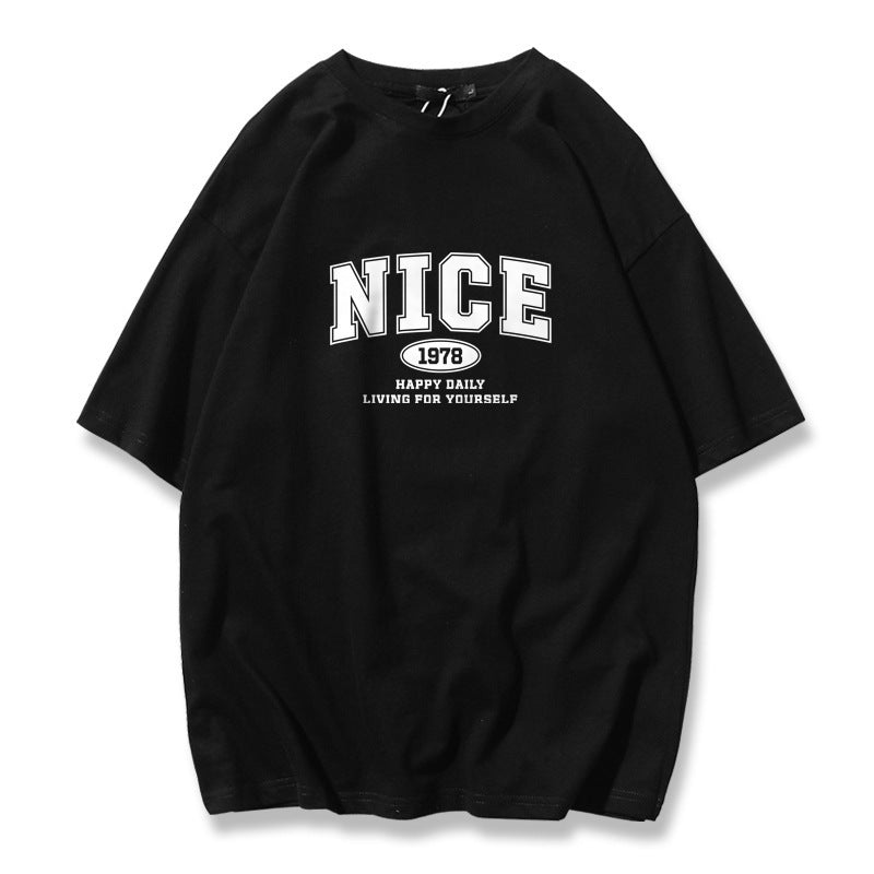 Trendy Autumn Men's Short-Sleeve T-Shirt, Pure Cotton, Round Neck, Plus Size, Loose Fit, Navy Blue