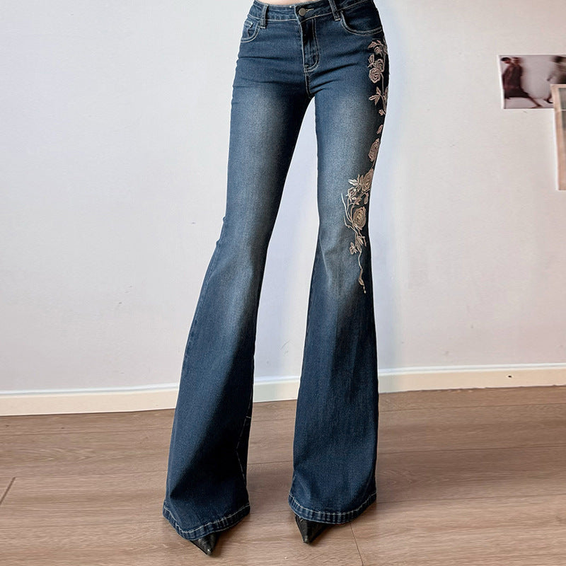 Rose-Embroidered Gradient Low-Rise Jeans – Hidden Picks Online