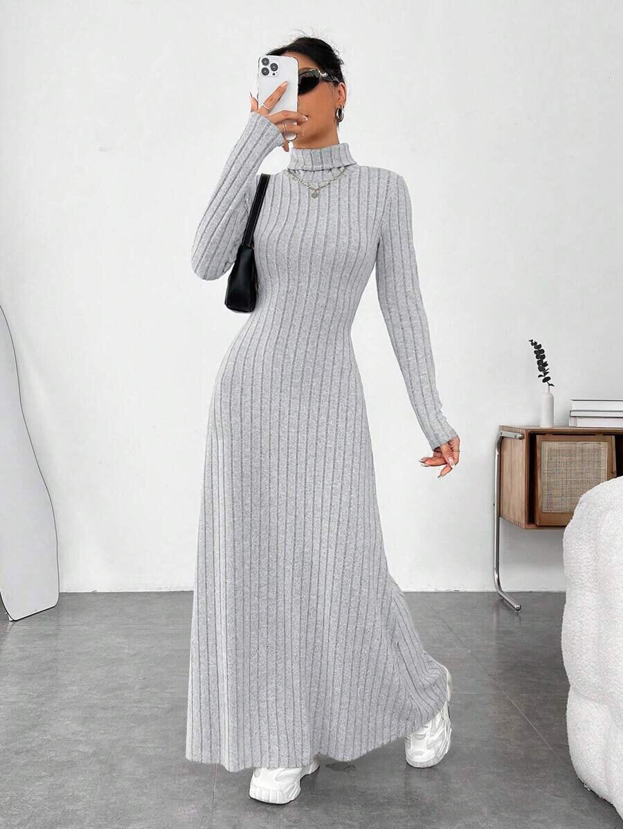 Slim-Fit High-Neck Ribbed Maxi Dress – Hidden Picks Online