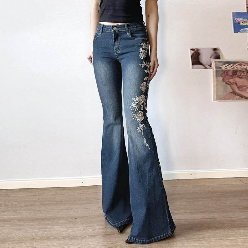 Rose-Embroidered Gradient Low-Rise Jeans – Hidden Picks Online