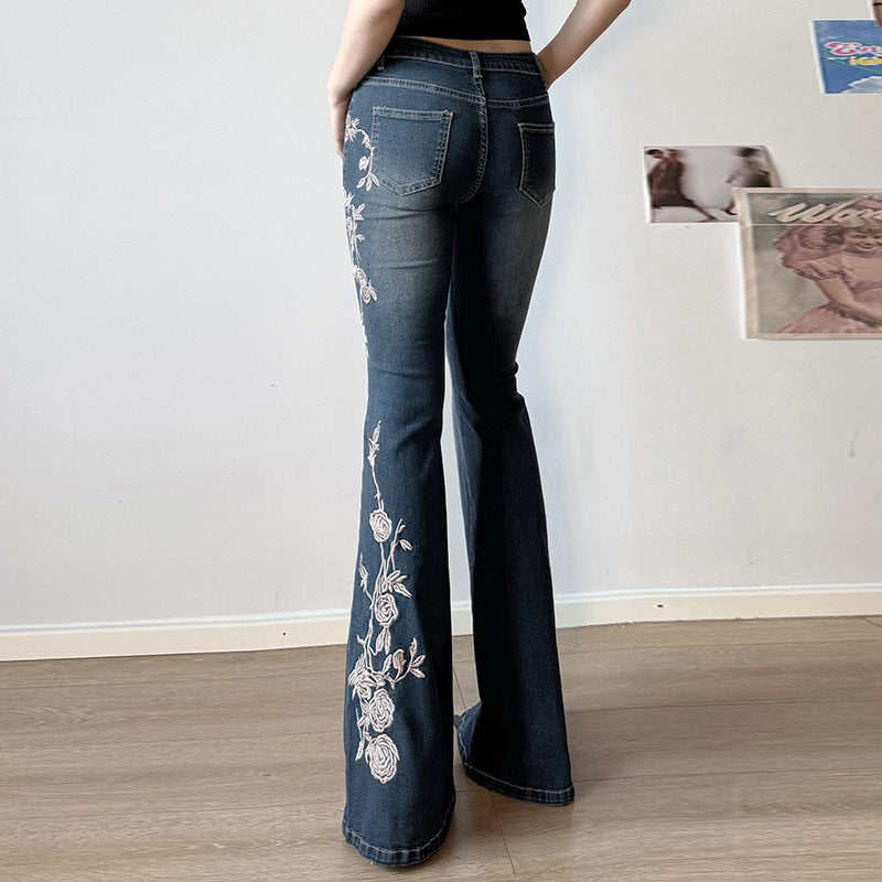 Rose-Embroidered Gradient Low-Rise Jeans – Hidden Picks Online