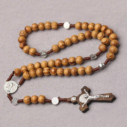 Catholic Wood Bead Rosary Necklace – INRI Crucifix Christian Prayer Chain