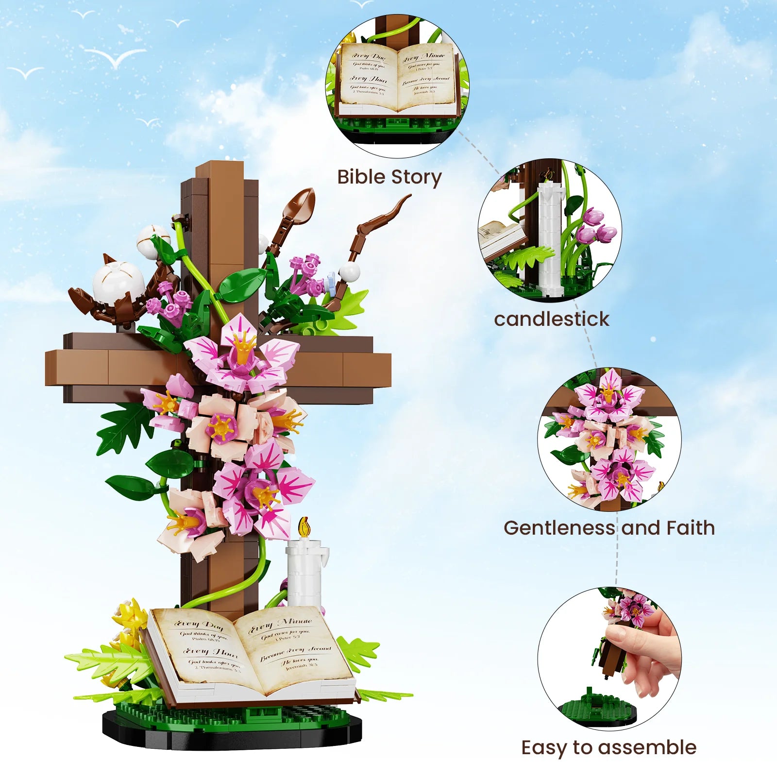 Jesus Cross Flower Building Set – Christian Religious Collectible Gift