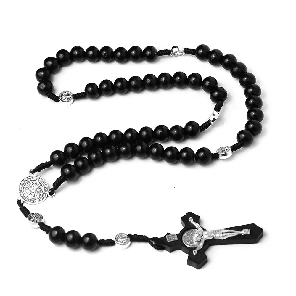 Catholic Wood Bead Rosary Necklace – INRI Crucifix Christian Prayer Chain