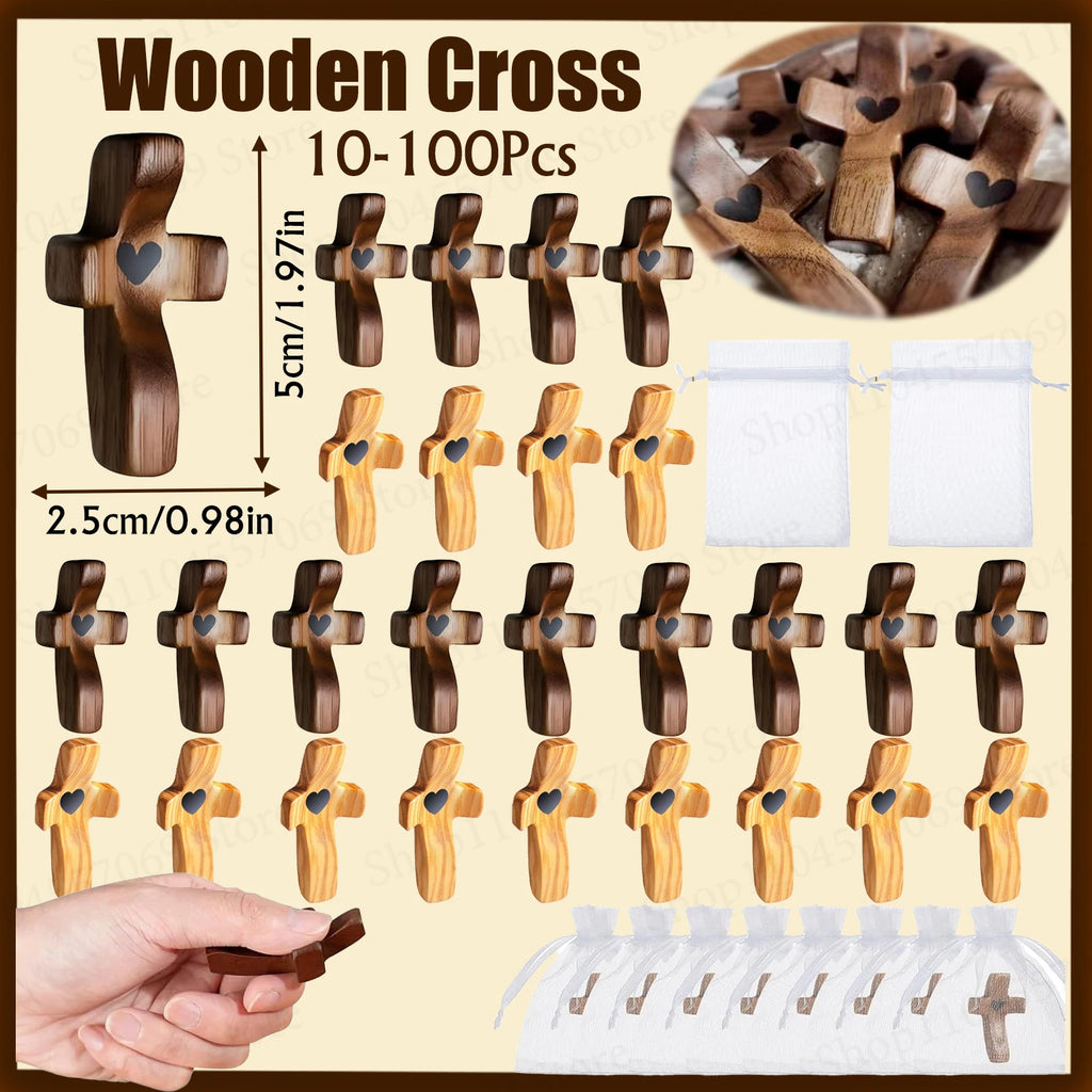 Handmade Wooden Pocket Cross Set – Christian Encouragement Gift with Organza Bags
