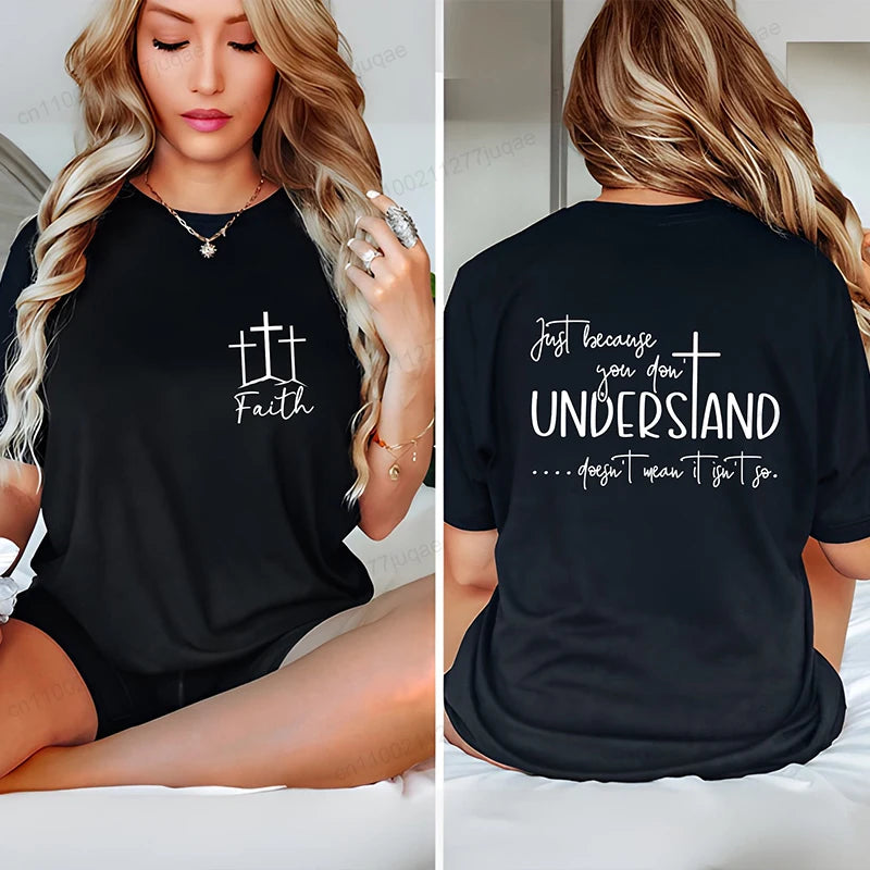 Understanding Faith Women’s Christian T-Shirt – Jesus Print Casual Top