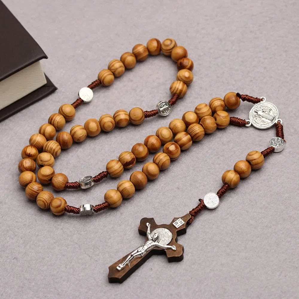 Catholic Wood Bead Rosary Necklace – INRI Crucifix Christian Prayer Chain