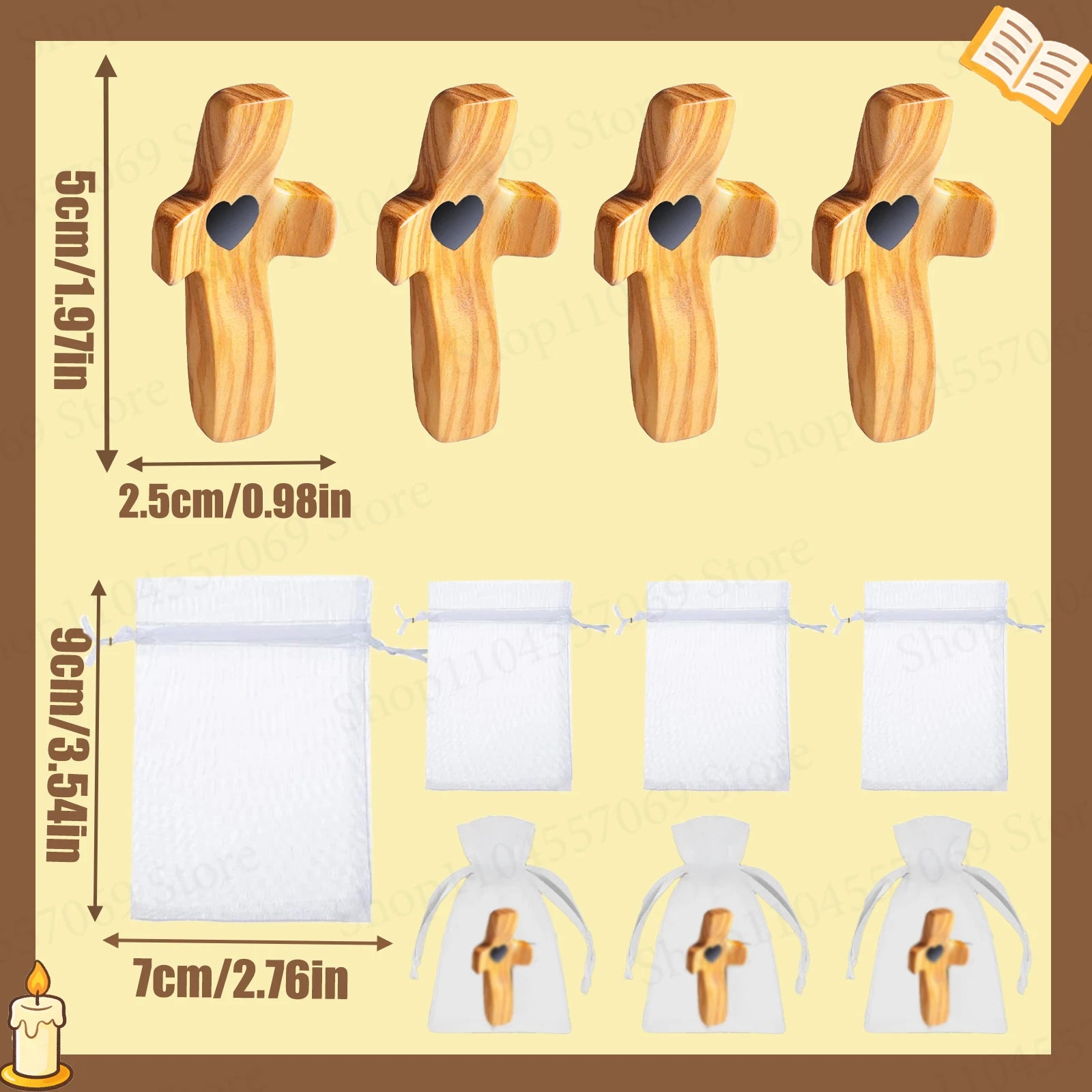 Handmade Wooden Pocket Cross Set – Christian Encouragement Gift with Organza Bags