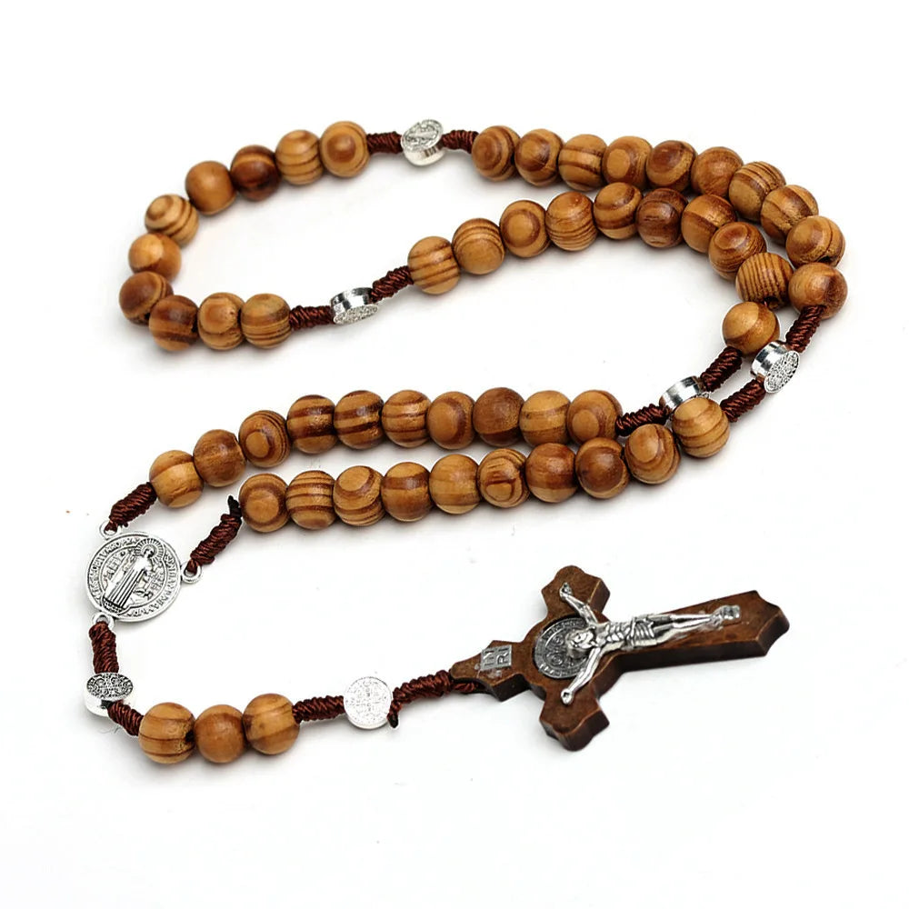 Catholic Wood Bead Rosary Necklace – INRI Crucifix Christian Prayer Chain