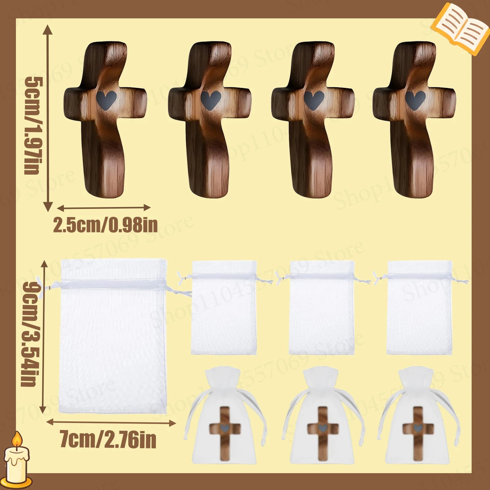 Handmade Wooden Pocket Cross Set – Christian Encouragement Gift with Organza Bags